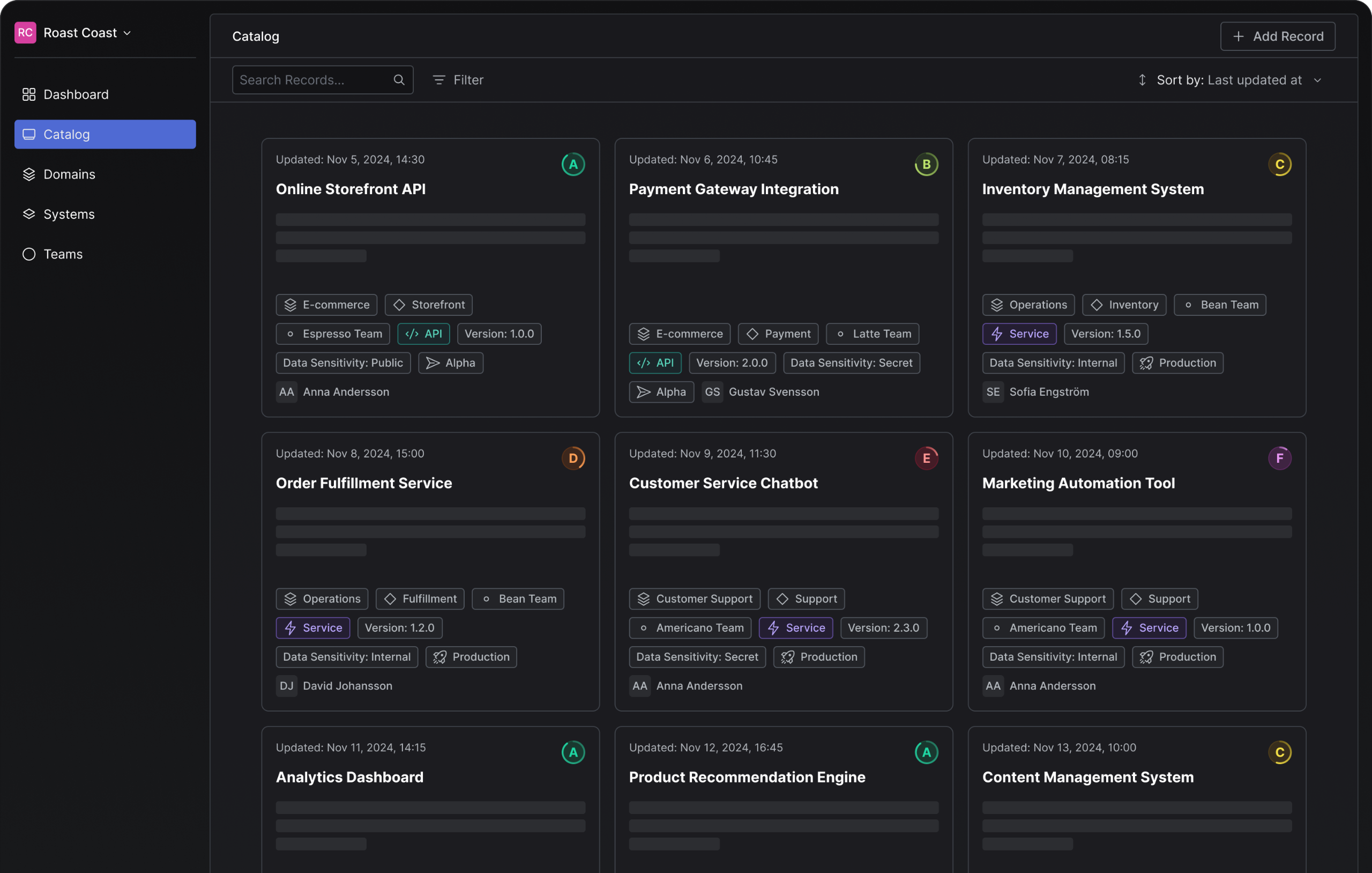 Phaset software catalog showing services with health scores, teams, and metadata