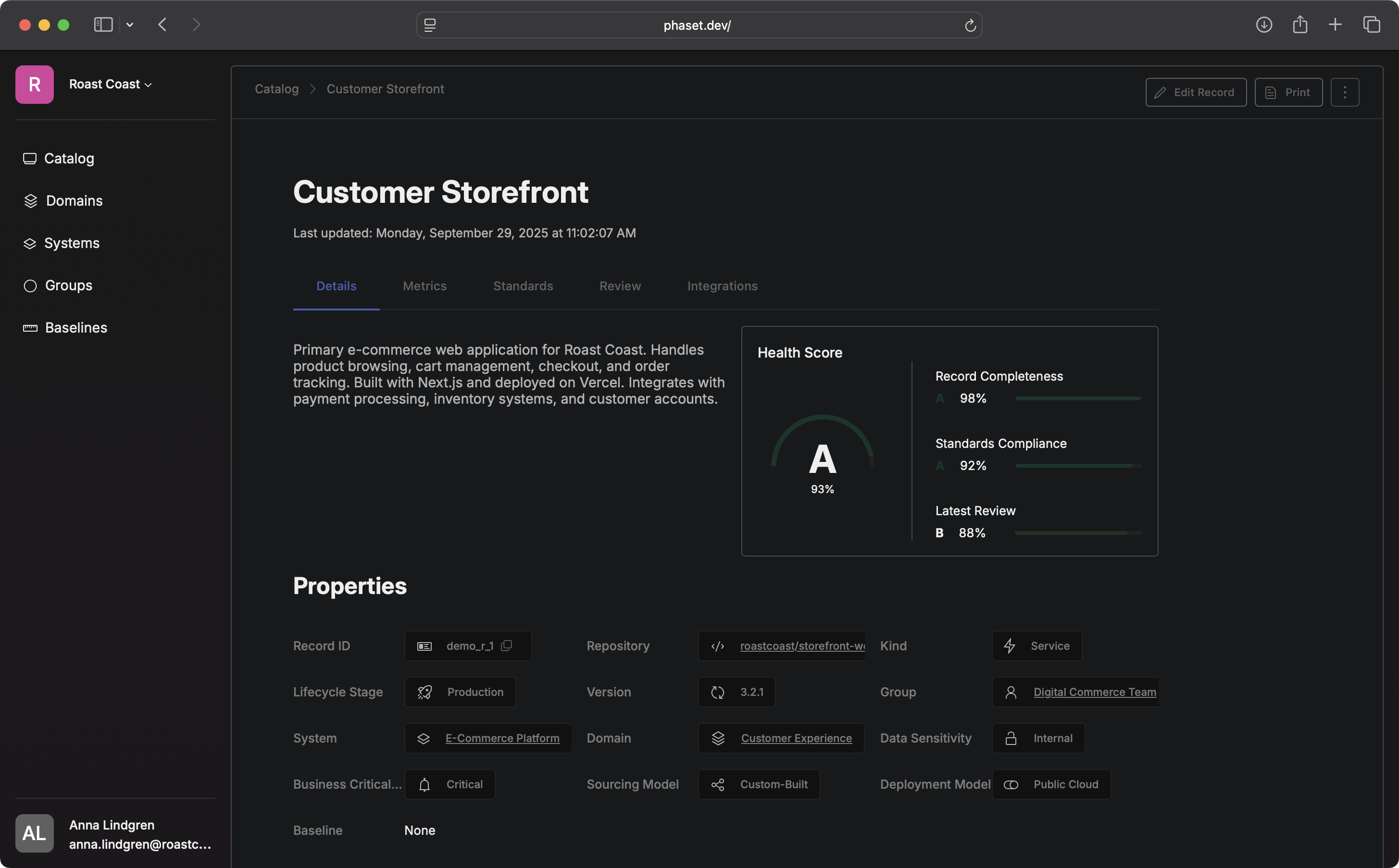 Phaset record view showing team, domain, system, lifecycle stage, and health metrics