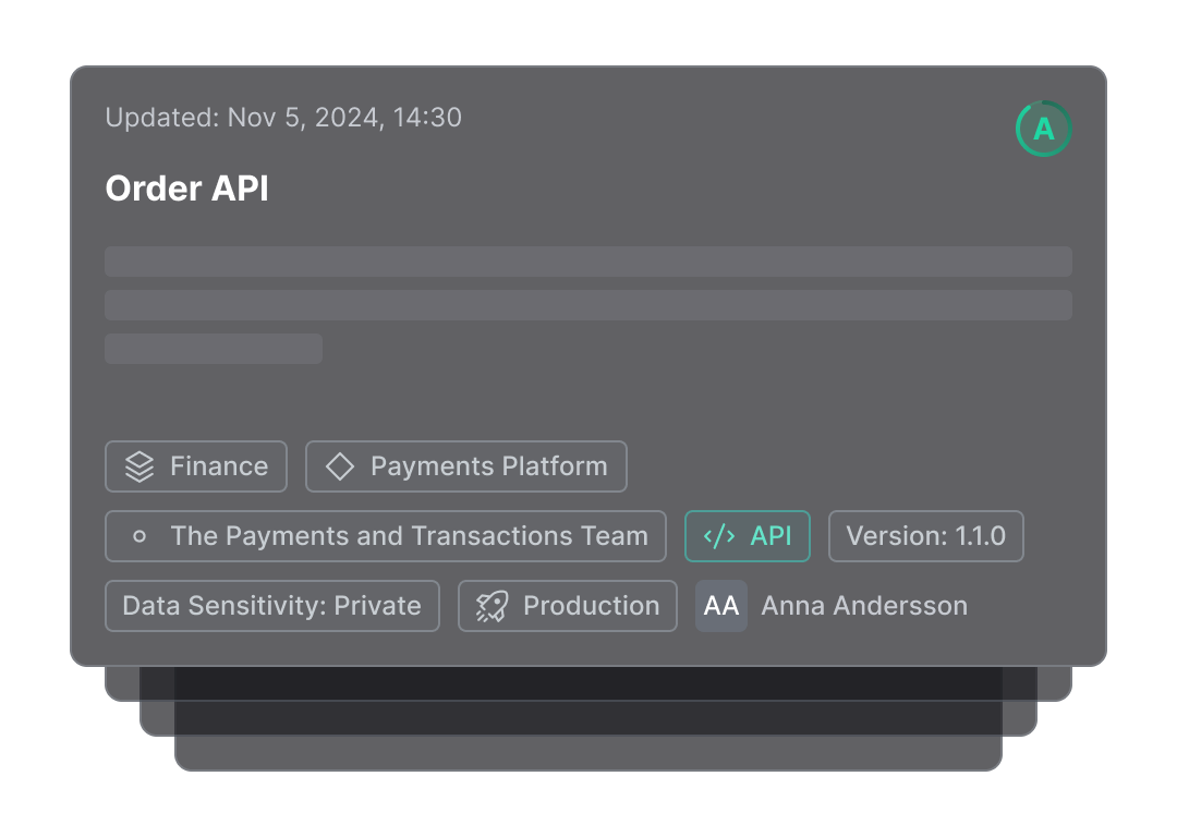 Phaset service detail showing health score, repository, domain, team, and metadata