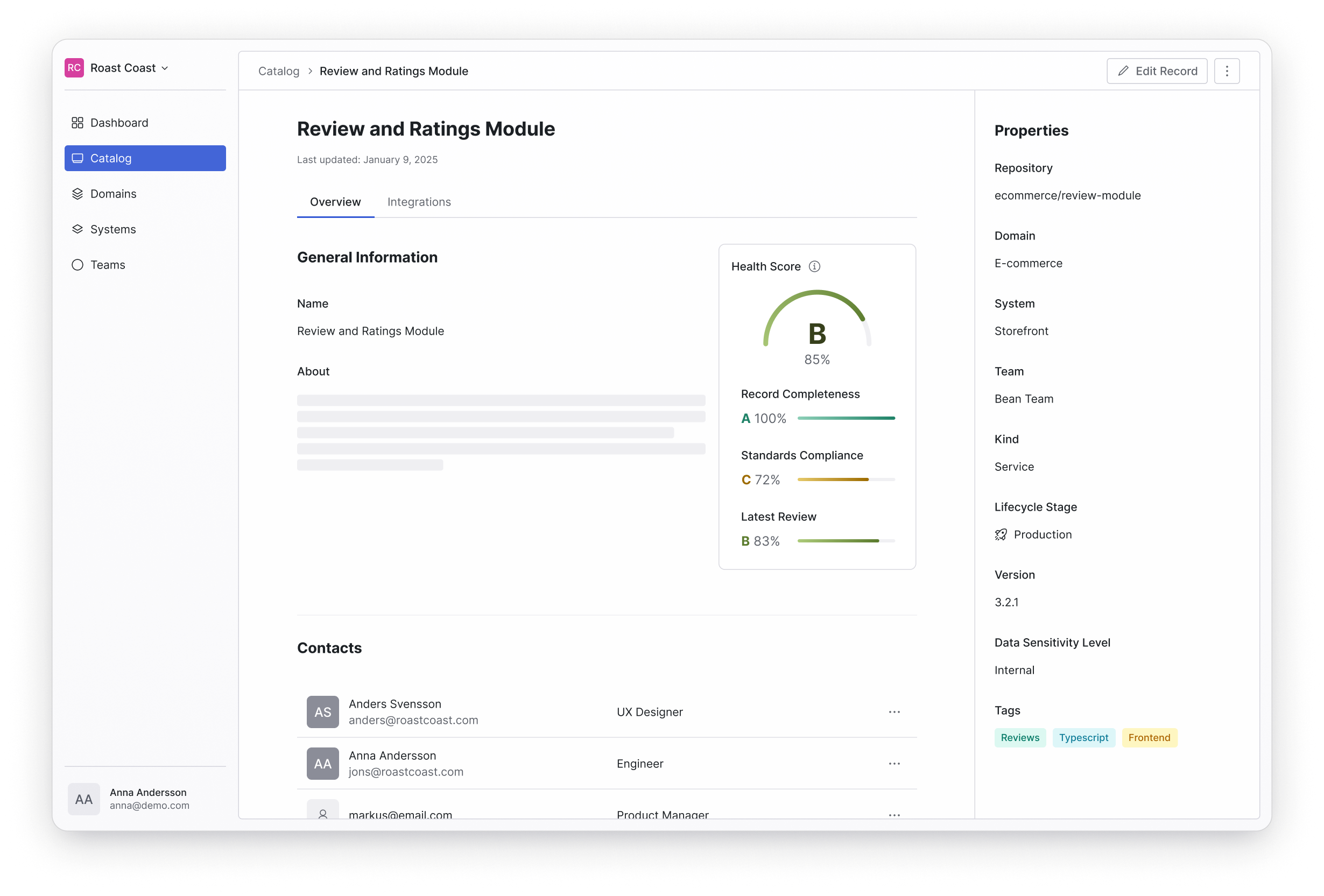 Service detail page showing team, domain, system, lifecycle stage, and health metrics